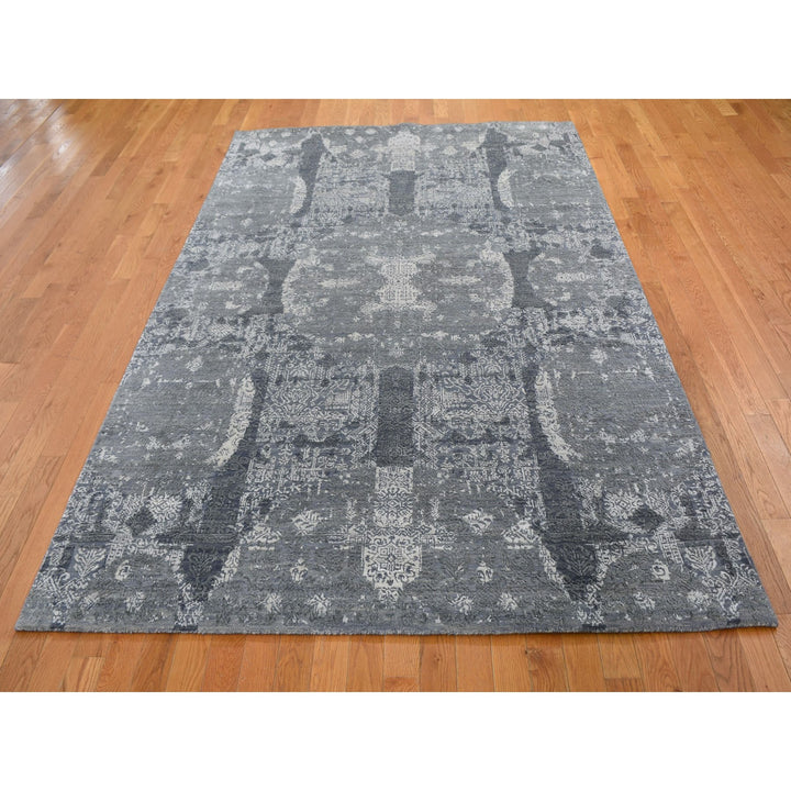 6'1" x 9'3" New Hand Knotted Grey Wool & Pure Silk Rectangle Oriental Rug - MOA10249947