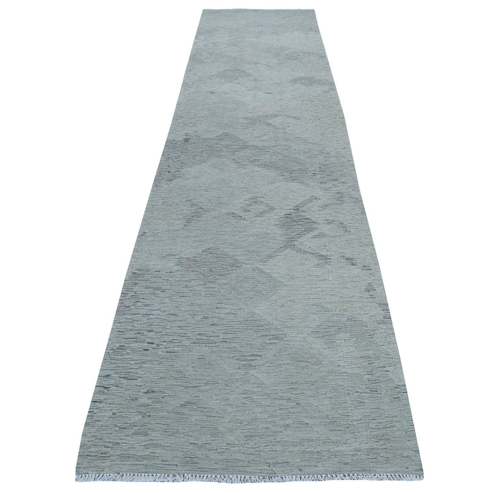 3'1" x 14'0" New Hand Woven Grey Wool Runner Oriental Rug - MOA10253819