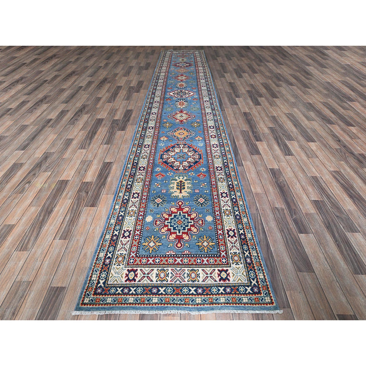 3'2" x 16'1" New Hand Knotted Blue Wool Runner Oriental Rug - MOA102545