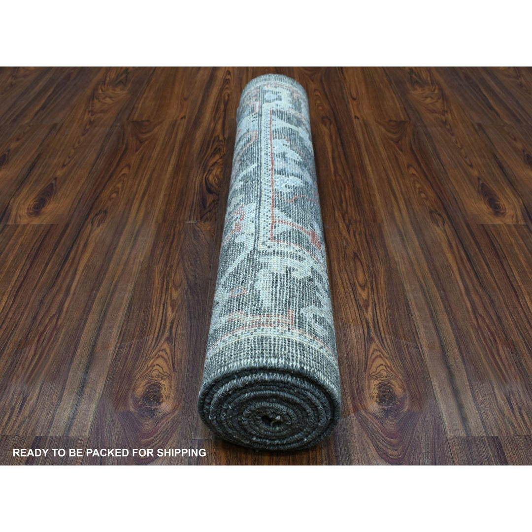 2'9" x 9'8" New Hand Knotted Grey Wool Runner Oriental Rug - MOA10256081