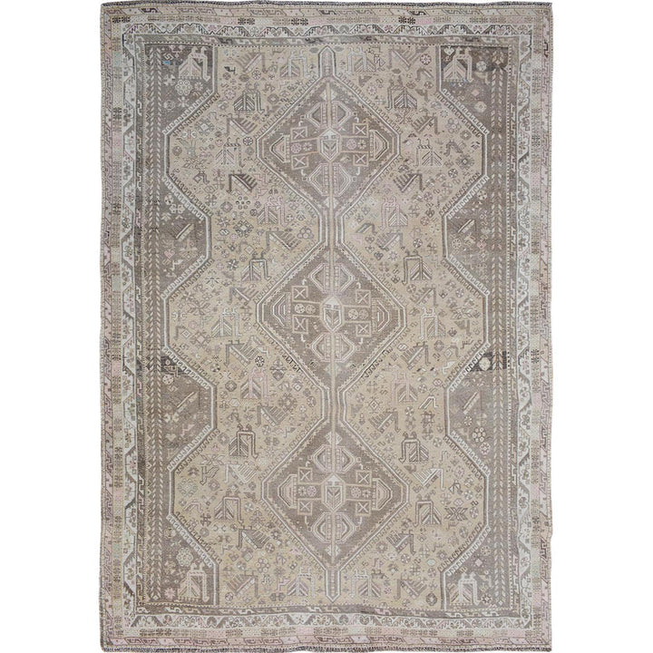 7'1" x 9'10" New Hand Knotted Beige Worn Wool Rectangle Oriental Rug - MOA10257255