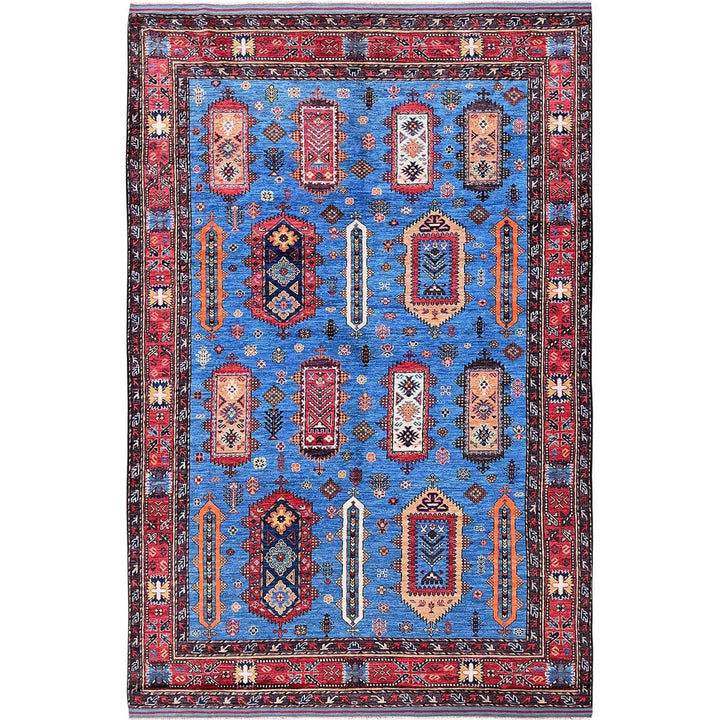 6'3" x 9'1" New Hand Knotted Blue Wool Rectangle Oriental Rug - MOA102573