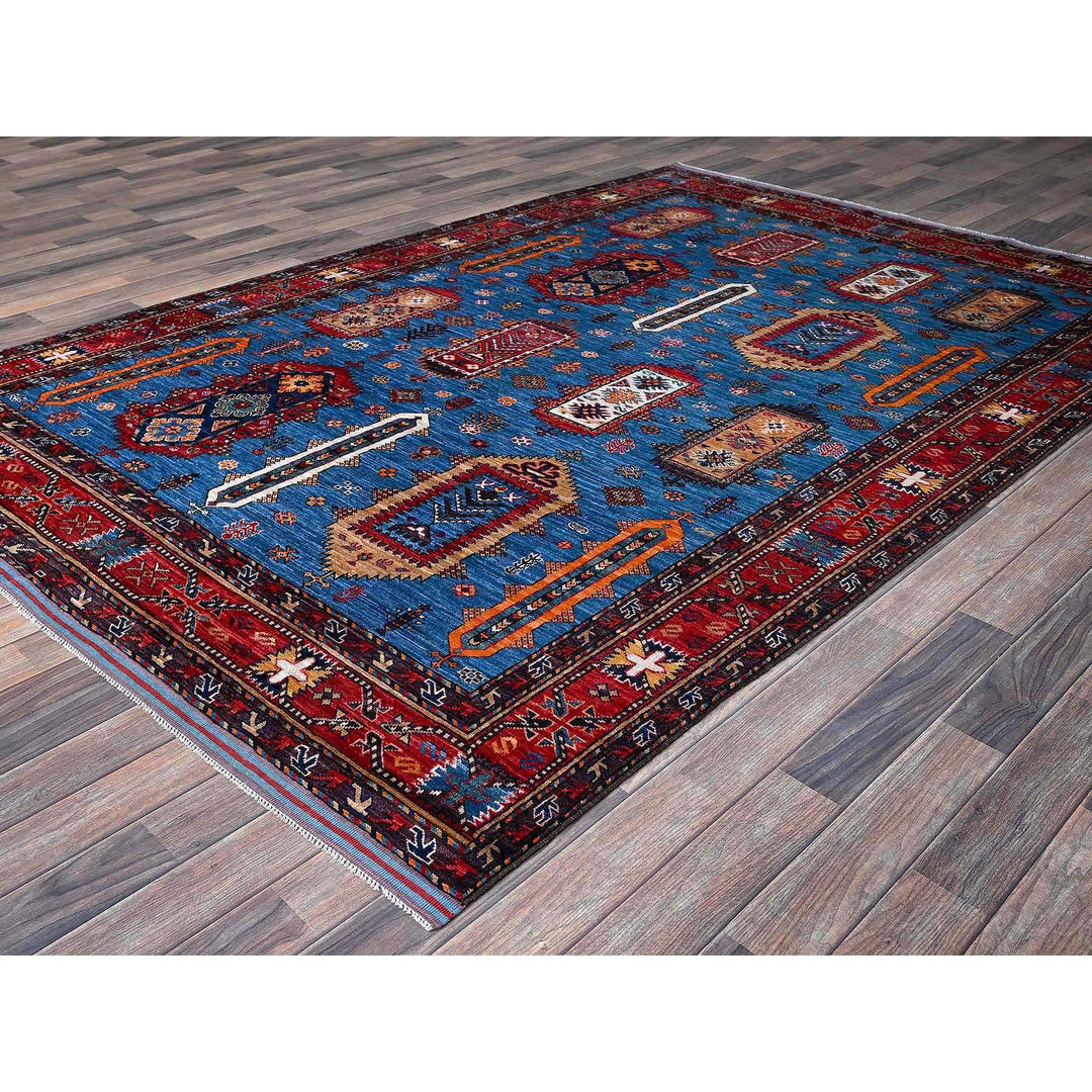 6'3" x 9'1" New Hand Knotted Blue Wool Rectangle Oriental Rug - MOA102573