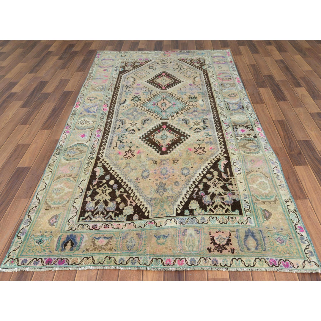 4'7" x 9'0" Vintage Hand Knotted Beige Wool Rectangle Oriental Rug - MOA10257853