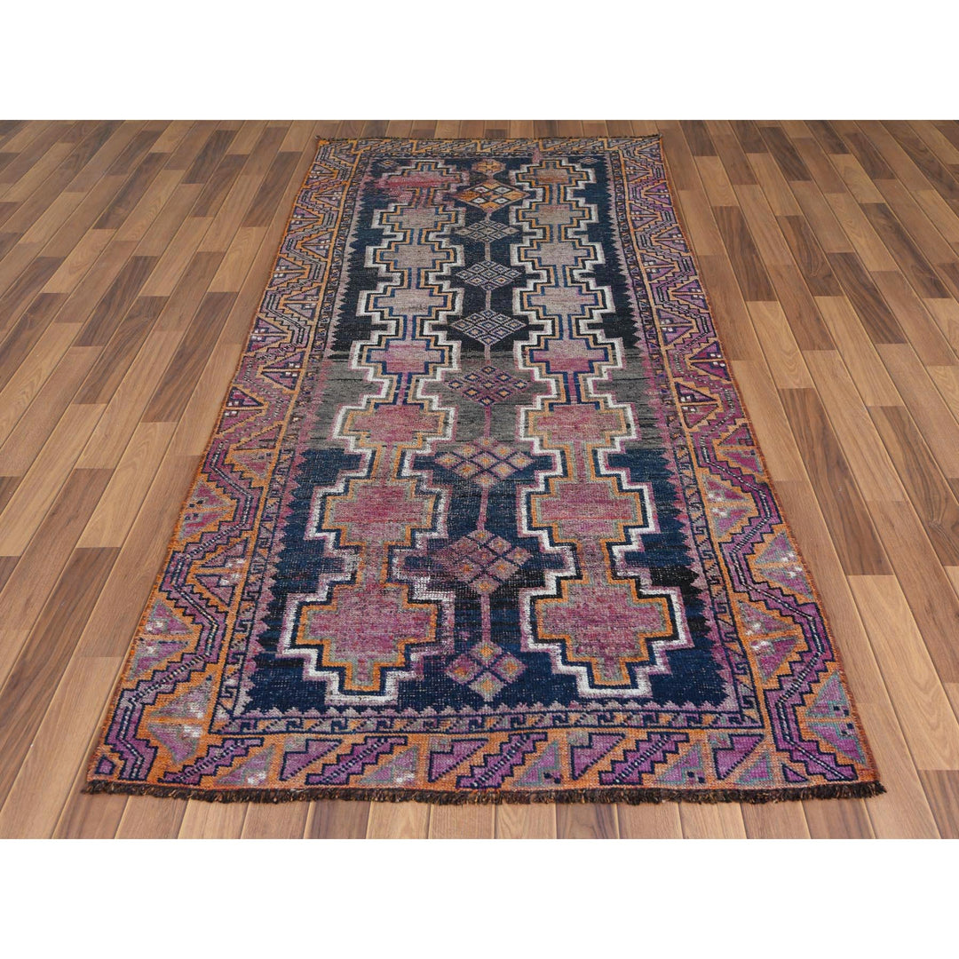 4'0" x 9'3" Vintage Hand Knotted Blue Wool Runner Oriental Rug - MOA10257887