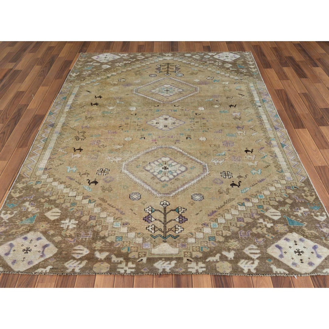 6'1" x 9'0" Vintage Hand Knotted Beige Wool Rectangle Oriental Rug - MOA10257923