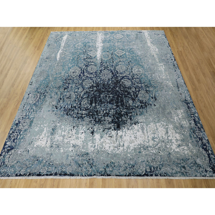 12'2" x 12'2" New Hand Knotted Blue Wool & Silk Square Oriental Rug - MOA10258016