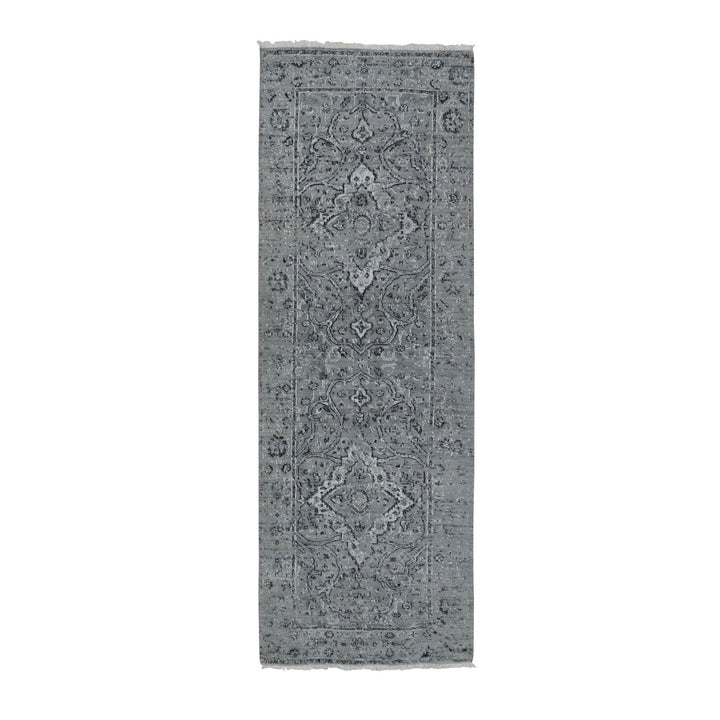 2'10" x 8'0" New Hand Knotted Grey Wool & Silk Runner Oriental Rug - MOA10258022