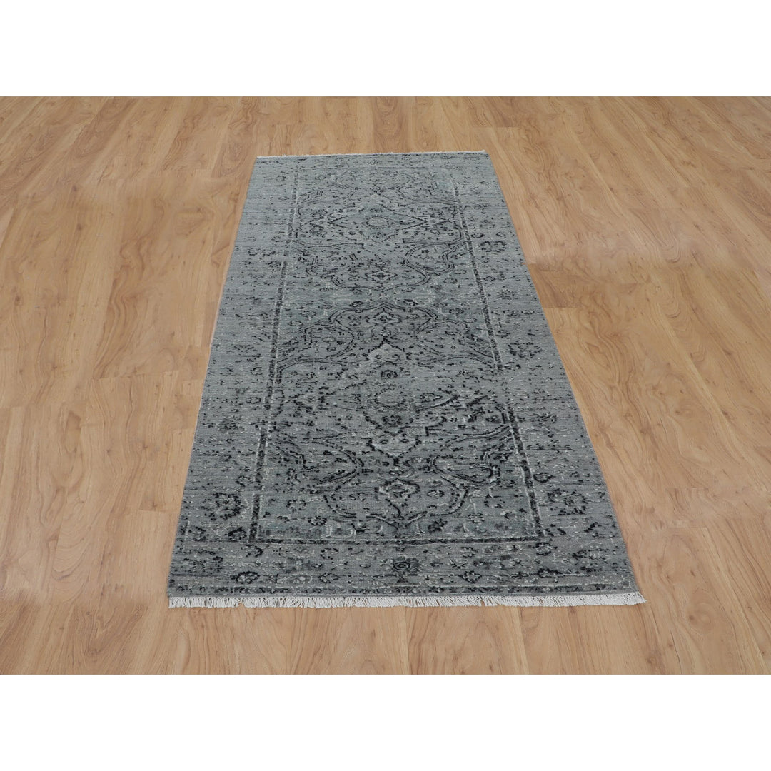 2'10" x 8'0" New Hand Knotted Grey Wool & Silk Runner Oriental Rug - MOA10258022