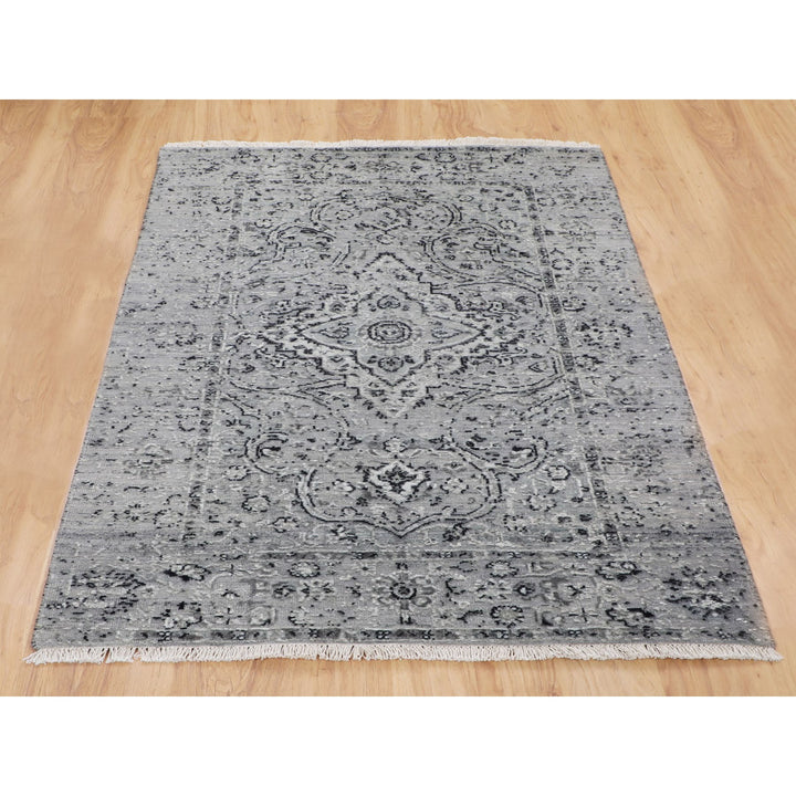 3'1" x 5'1" New Hand Knotted Grey Wool & Silk Rectangle Oriental Rug - MOA10258104