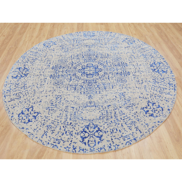 8'0" x 8'0" New Hand Loomed Blue Wool & Silk Round Oriental Rug - MOA10258118