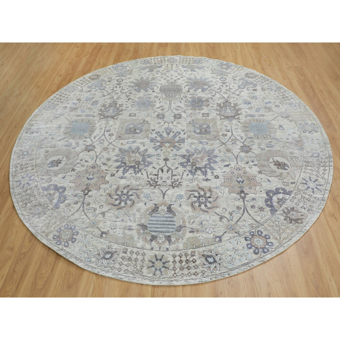 10'0" x 10'0" New Hand Knotted Ivory Wool & Silk Round Oriental Rug - MOA10258165