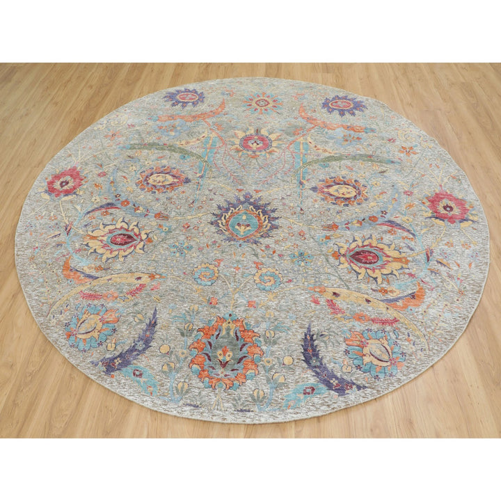 8'10" x 8'10" New Hand Knotted Beige Wool & Silk Round Oriental Rug - MOA10258172