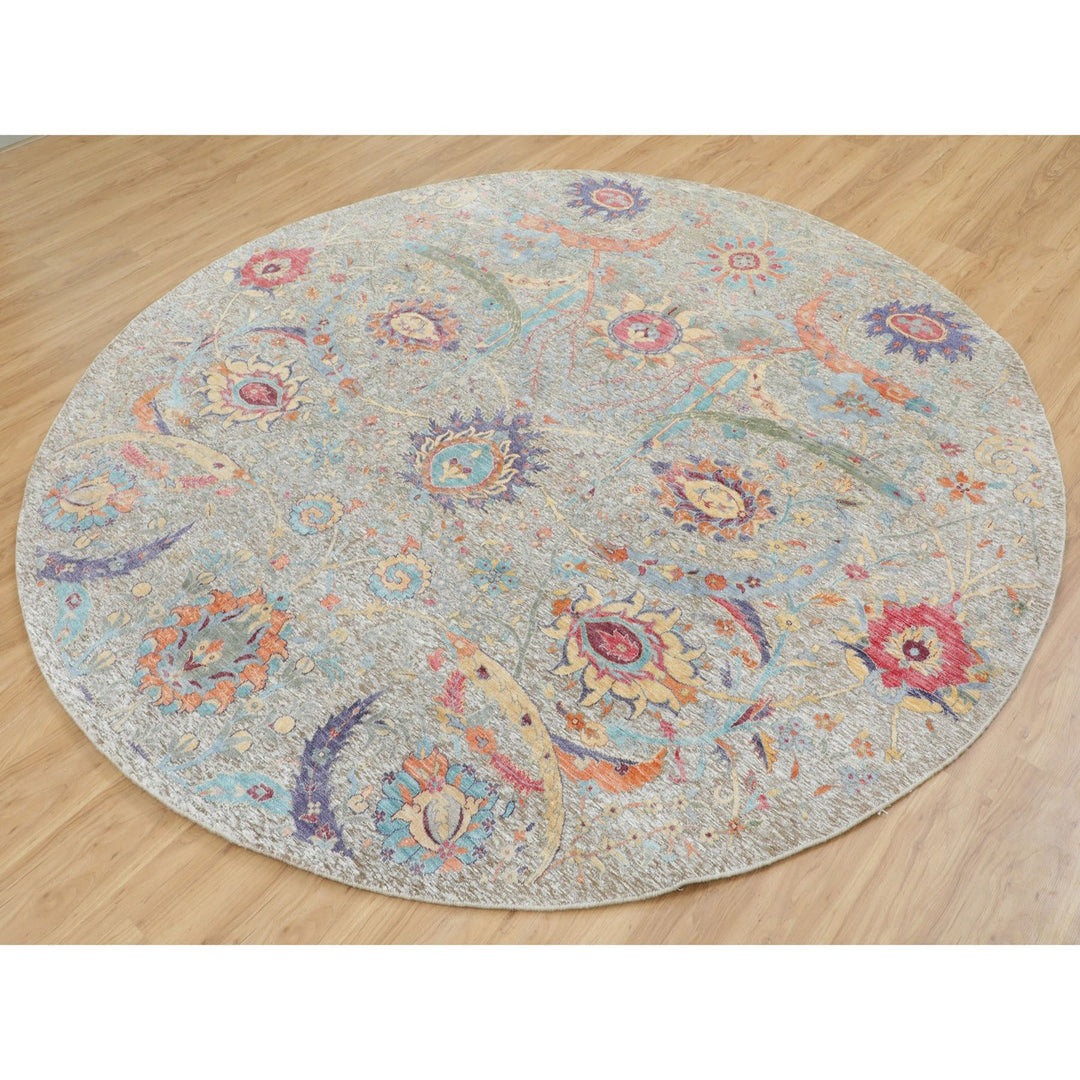 8'10" x 8'10" New Hand Knotted Beige Wool & Silk Round Oriental Rug - MOA10258172