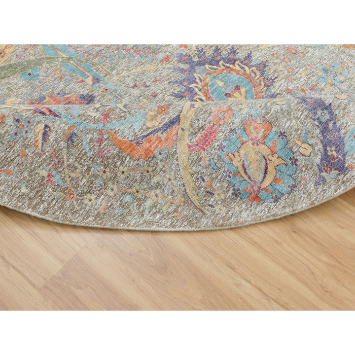 8'10" x 8'10" New Hand Knotted Beige Wool & Silk Round Oriental Rug - MOA10258172