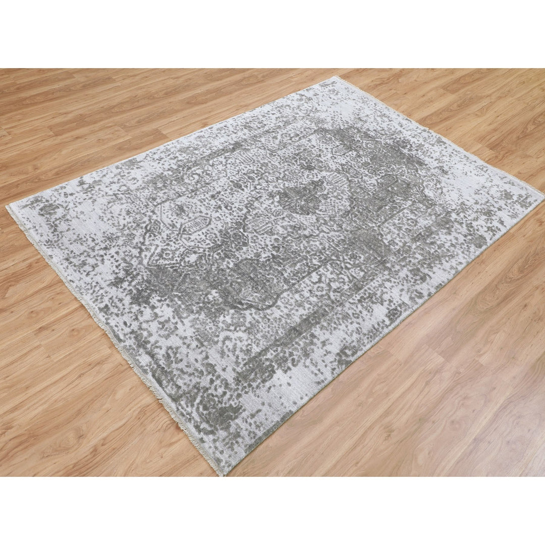 6'0" x 9'0" New Hand Knotted Grey Wool & Pure Silk Rectangle Oriental Rug - MOA10258339