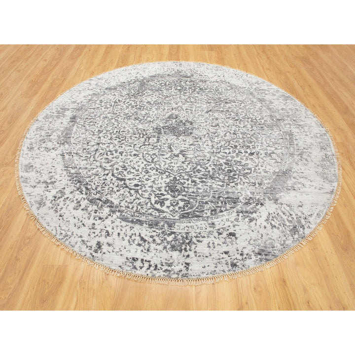 7'0" x 7'0" New Hand Knotted Grey Wool & Pure Silk Round Oriental Rug - MOA10258408