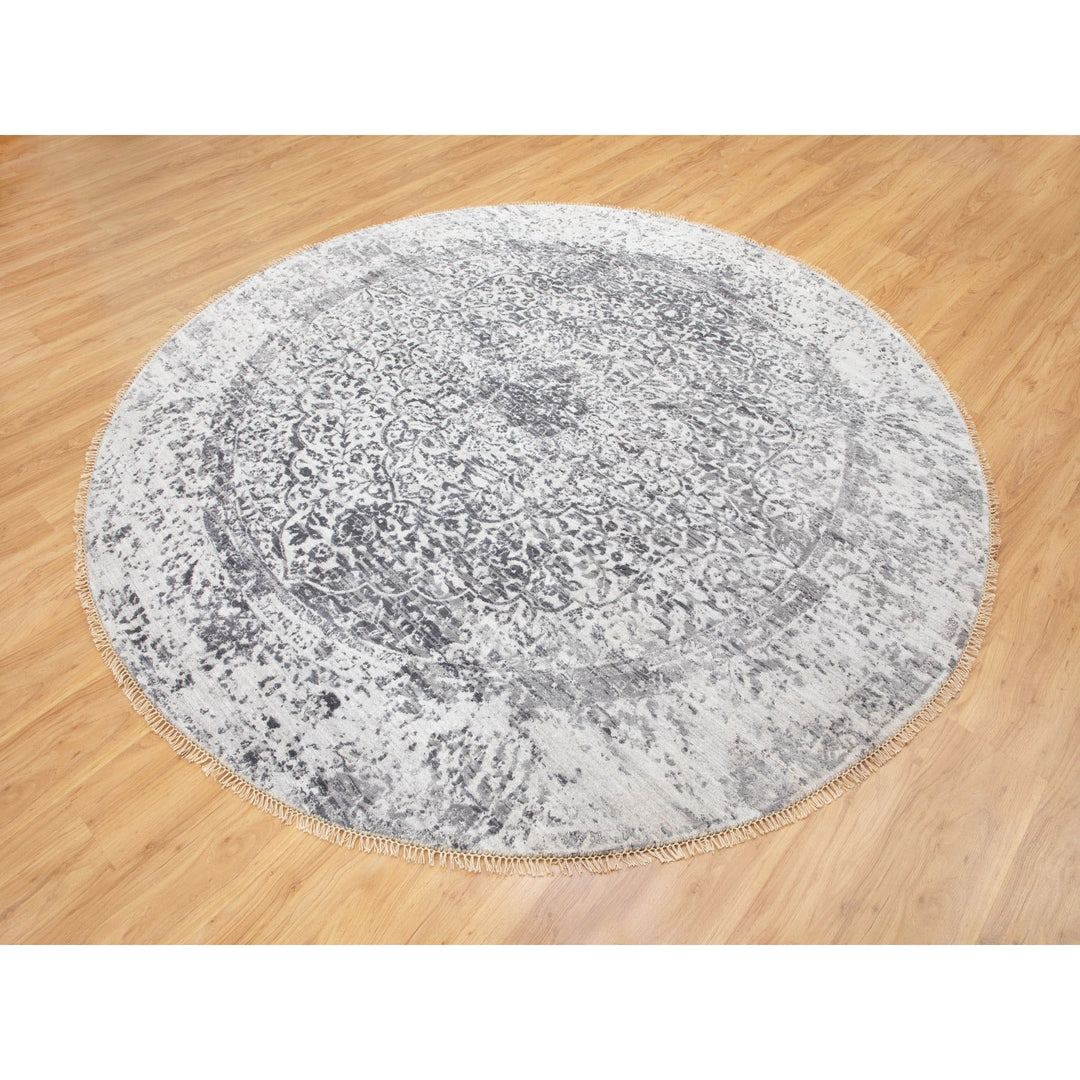 7'0" x 7'0" New Hand Knotted Grey Wool & Pure Silk Round Oriental Rug - MOA10258408