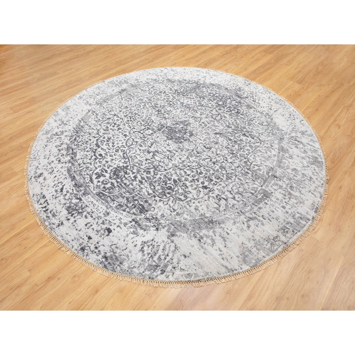 7'0" x 7'0" New Hand Knotted Grey Wool & Pure Silk Round Oriental Rug - MOA10258408