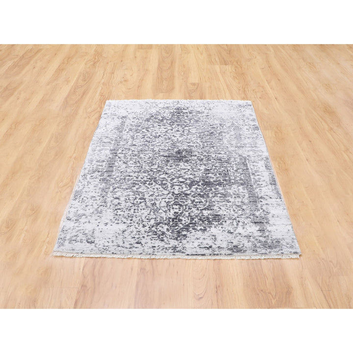 3'0" x 5'1" New Hand Knotted Grey Wool & Pure Silk Rectangle Oriental Rug - MOA10258416