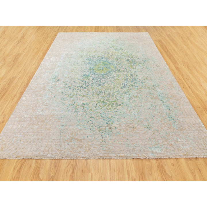 9'0" x 12'0" New Hand Knotted Green Wool & Pure Silk Rectangle Oriental Rug - MOA10258442