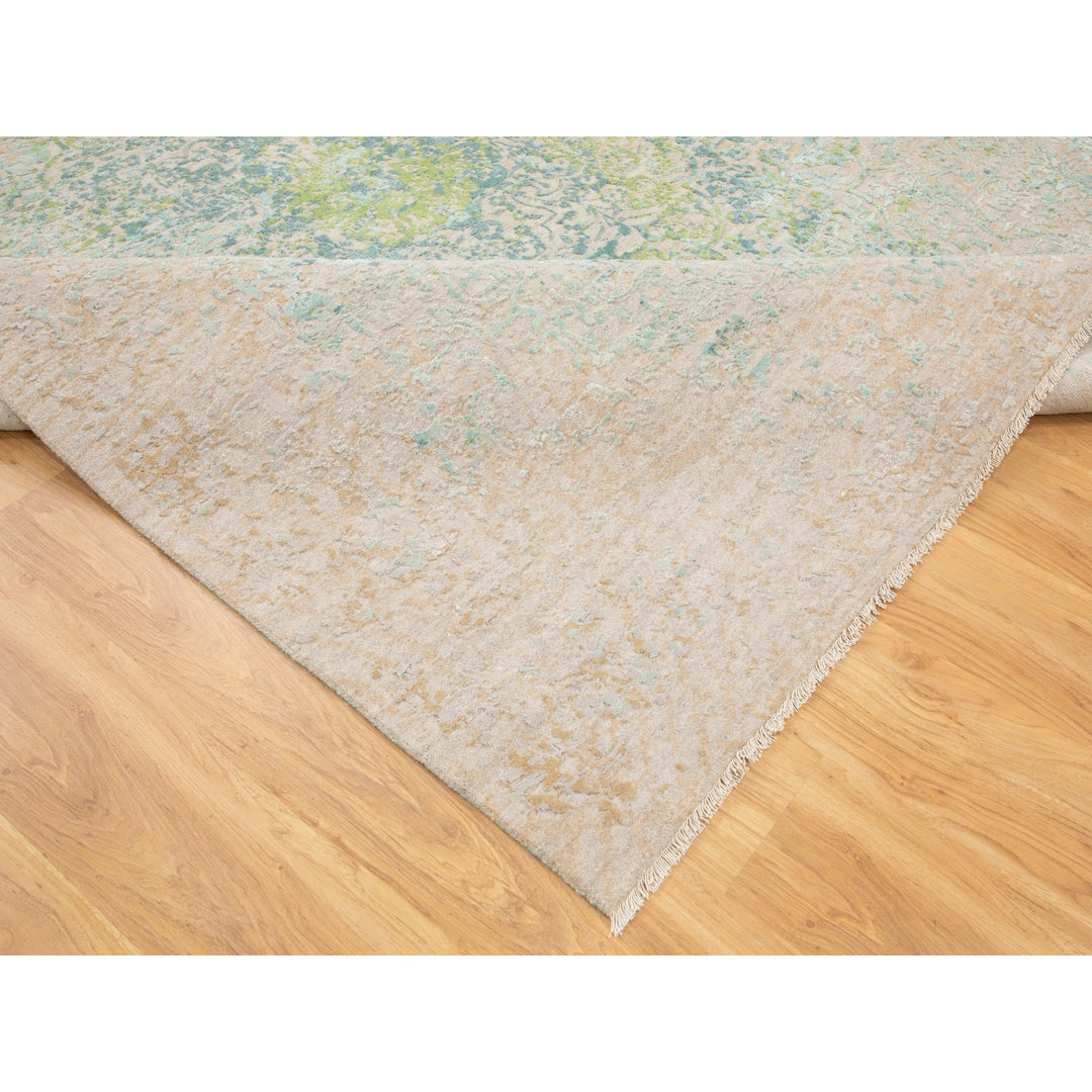 9'0" x 12'0" New Hand Knotted Green Wool & Pure Silk Rectangle Oriental Rug - MOA10258442