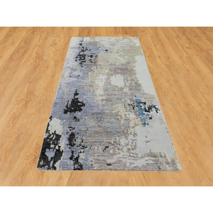 2'4" x 7'5" New Hand Knotted Grey Wool & Silk Runner Oriental Rug - MOA10258457