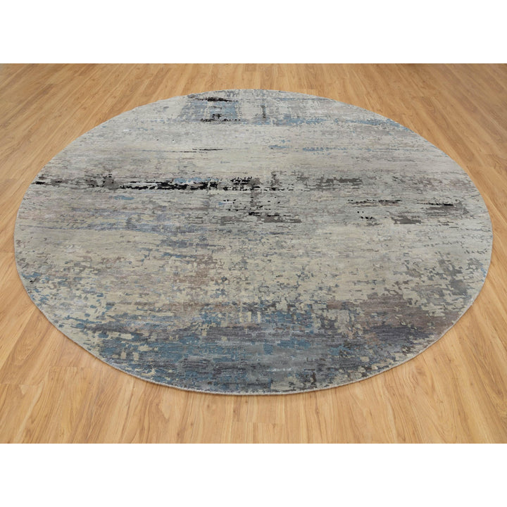 10'0" x 10'0" New Hand Knotted Grey Wool & Silk Round Oriental Rug - MOA10258480