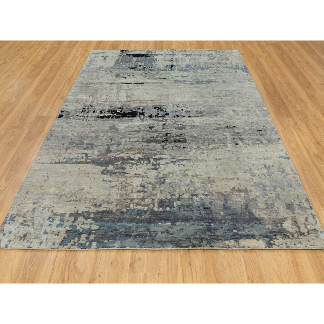 6'3" x 8'10" New Hand Knotted Grey Wool & Silk Rectangle Oriental Rug - MOA10258481