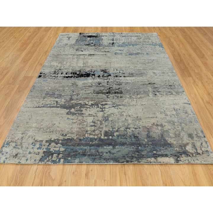 6'3" x 8'10" New Hand Knotted Grey Wool & Silk Rectangle Oriental Rug - MOA10258481