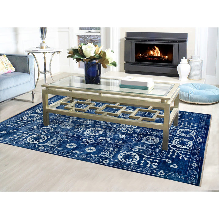 6'2" x 9'0" New Hand Knotted Blue Wool & Silk Rectangle Oriental Rug - MOA10258535