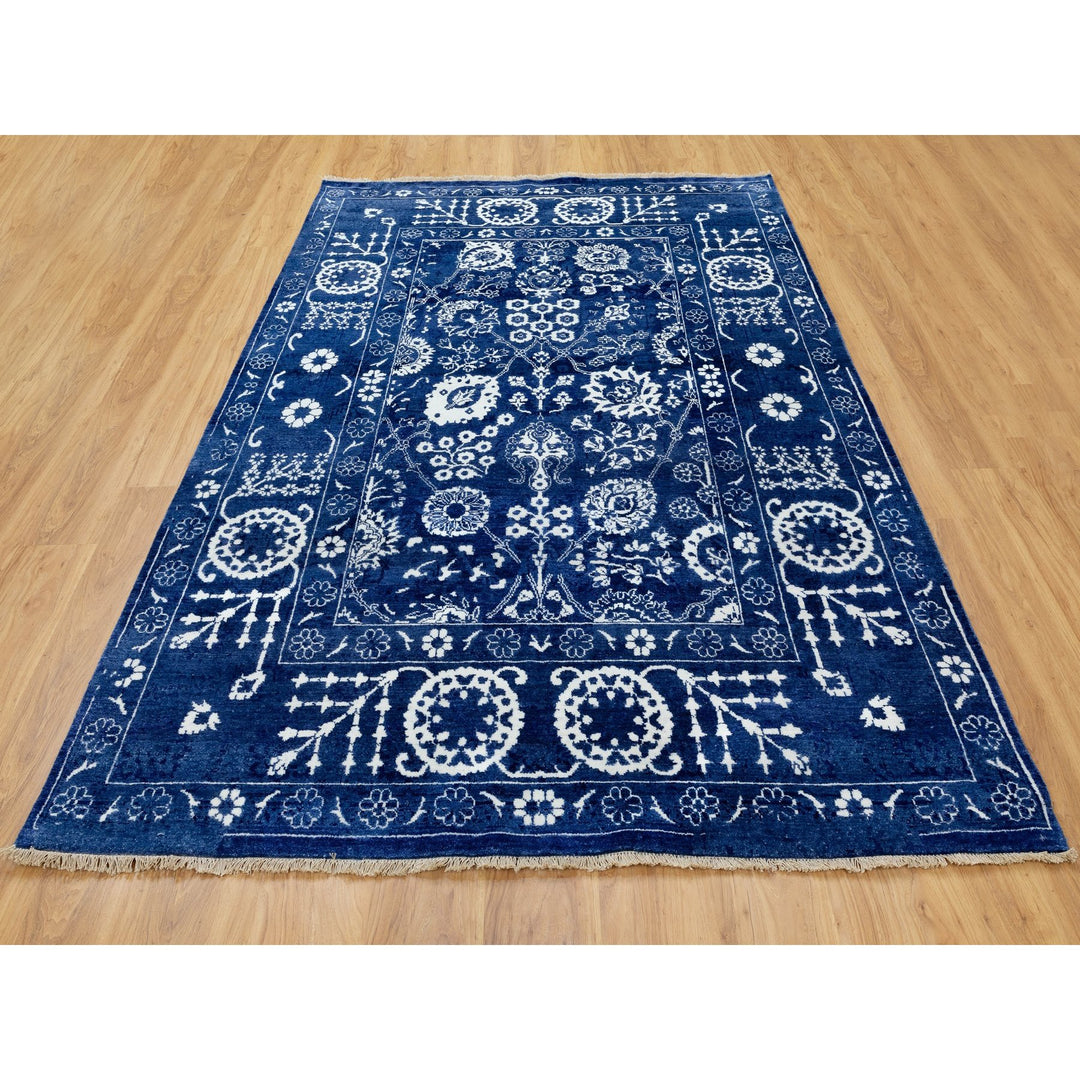 6'2" x 9'0" New Hand Knotted Blue Wool & Silk Rectangle Oriental Rug - MOA10258535