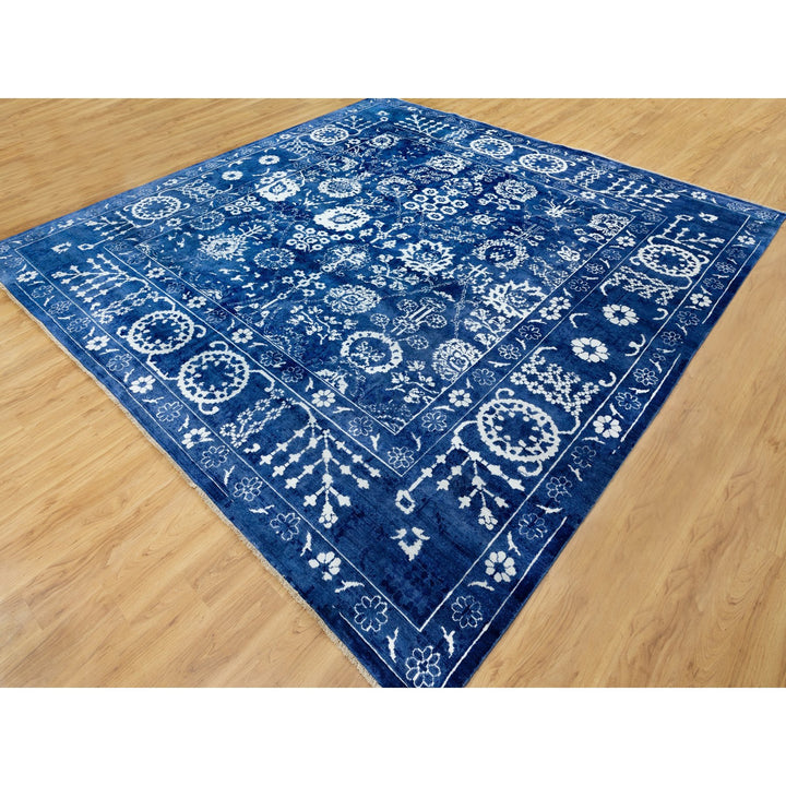 12'2" x 12'2" New Hand Knotted Blue Wool & Silk Square Oriental Rug - MOA10258546