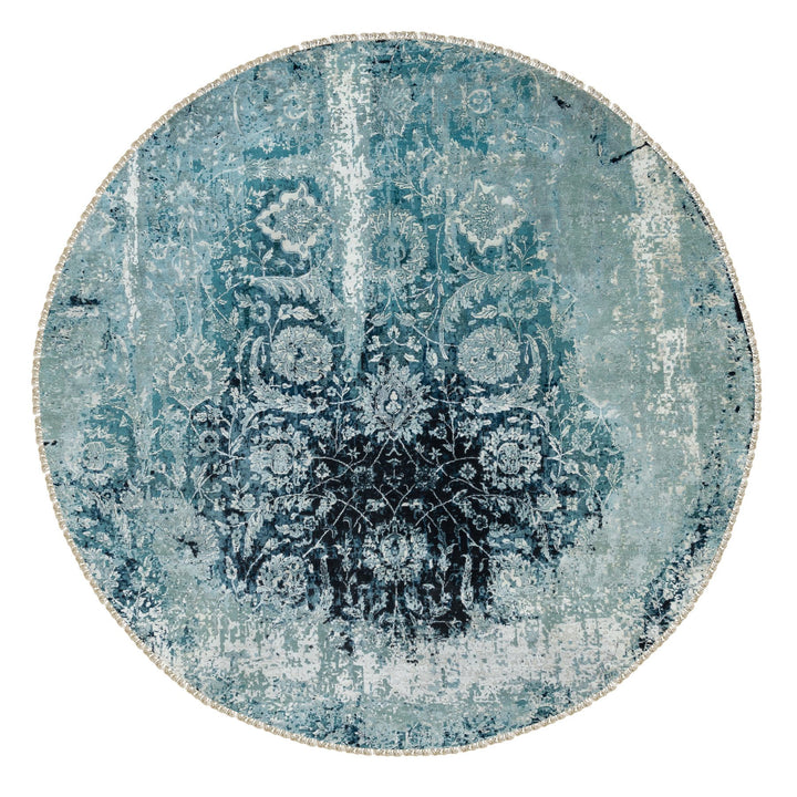 8'8" x 8'8" New Hand Knotted Blue Wool & Silk Round Oriental Rug - MOA10258549