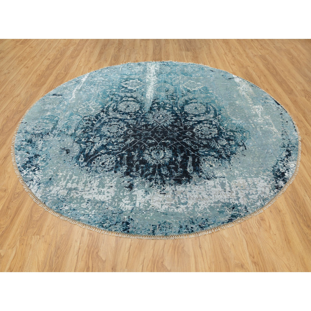 8'8" x 8'8" New Hand Knotted Blue Wool & Silk Round Oriental Rug - MOA10258549