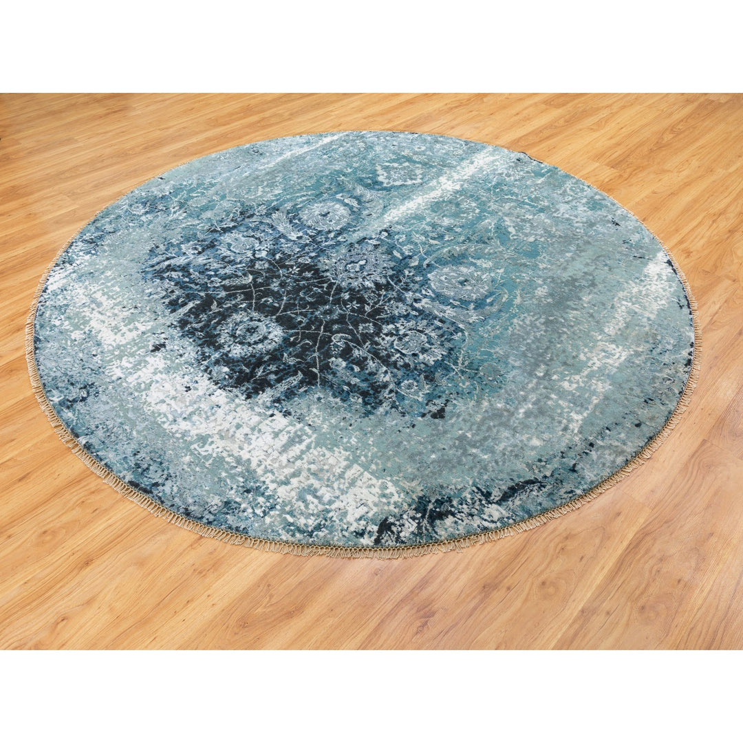 8'8" x 8'8" New Hand Knotted Blue Wool & Silk Round Oriental Rug - MOA10258549