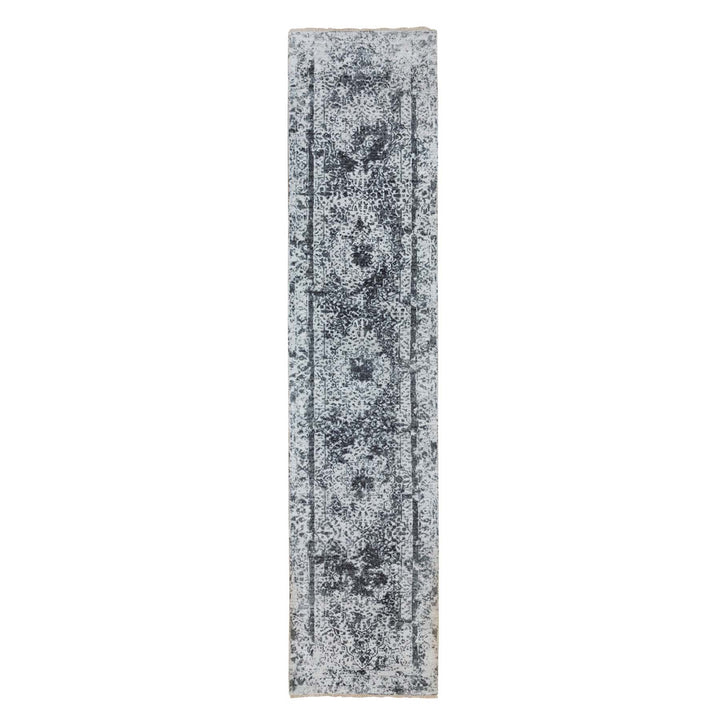 2'7" x 12'0" New Hand Knotted Grey Wool & Silk Runner Oriental Rug - MOA10258556