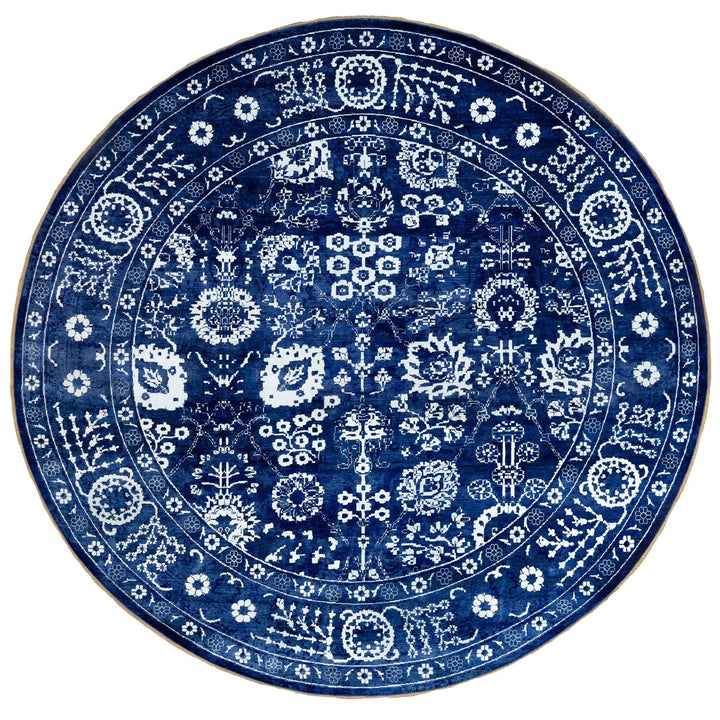 14'0" x 14'0" New Hand Knotted Blue Wool & Silk Round Oriental Rug - MOA10258562