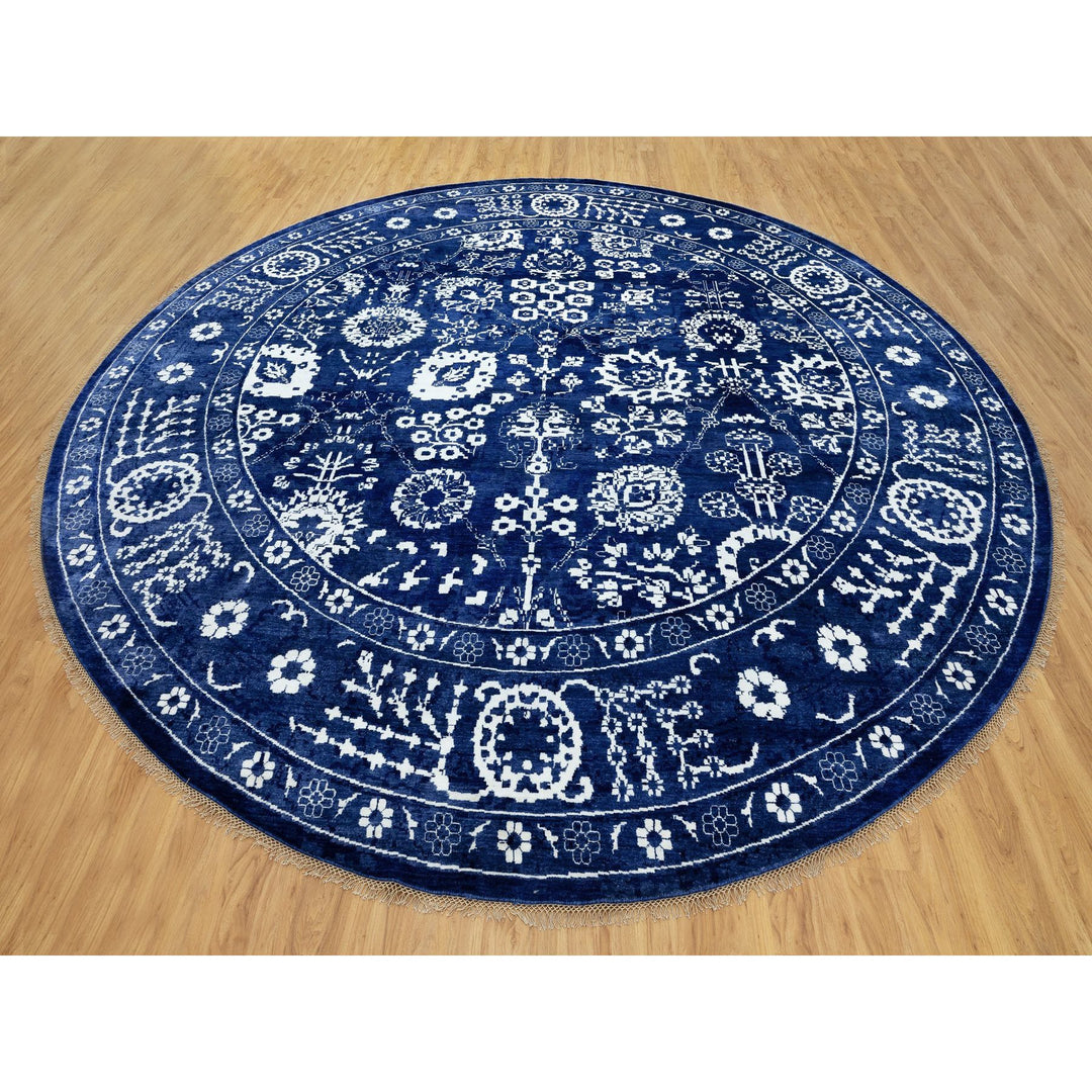 14'0" x 14'0" New Hand Knotted Blue Wool & Silk Round Oriental Rug - MOA10258562