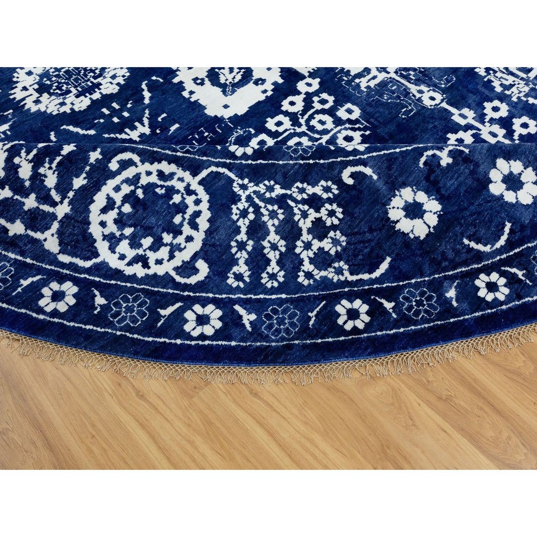 14'0" x 14'0" New Hand Knotted Blue Wool & Silk Round Oriental Rug - MOA10258562