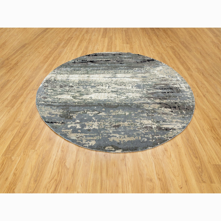 8'3" x 8'3" New Hand Knotted Grey Wool & Silk Round Oriental Rug - MOA10258564