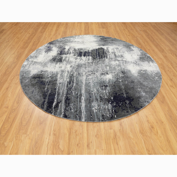 8'0" x 8'0" New Hand Knotted Grey Wool & Silk Round Oriental Rug - MOA10258573