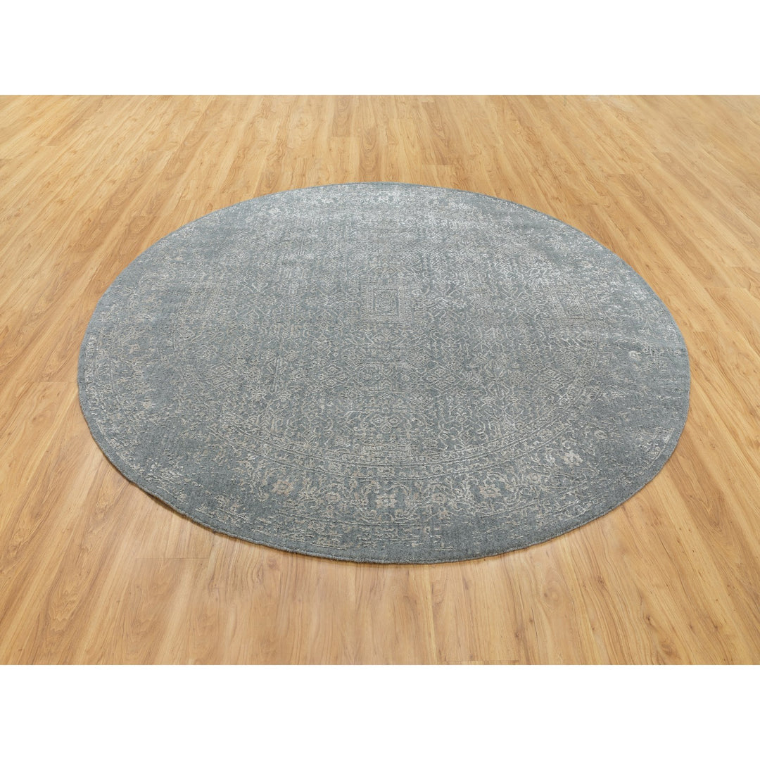 7'10" x 7'10" New Hand Loomed Grey Wool & Silk Round Oriental Rug - MOA10258616