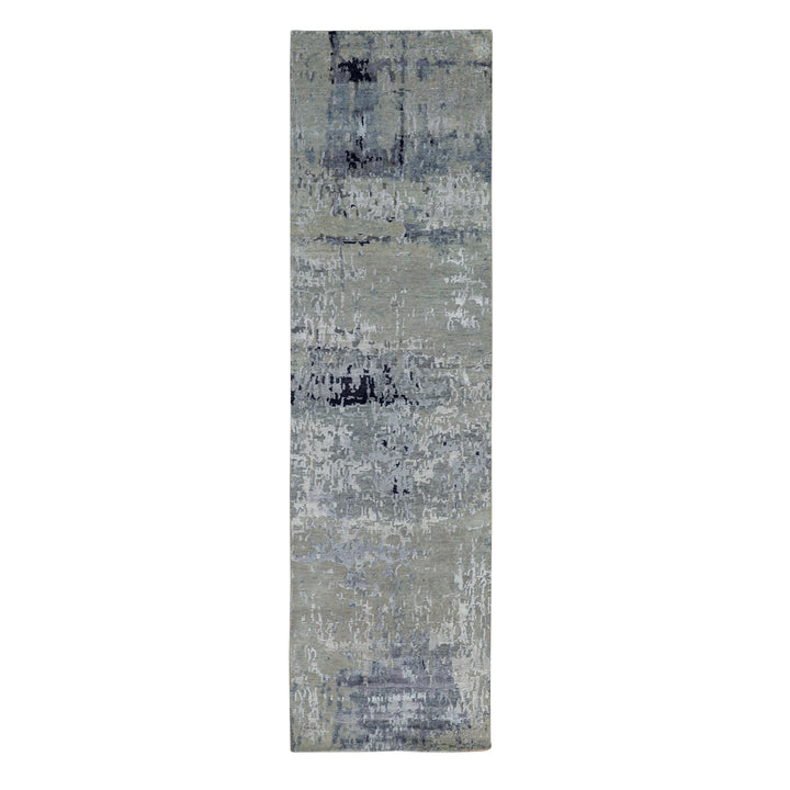 2'7" x 9'9" New Hand Knotted Grey Wool & Silk Runner Oriental Rug - MOA10258874