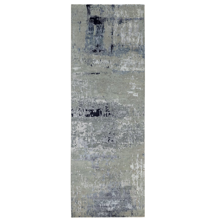 4'0" x 10'0" New Hand Knotted Grey Wool & Silk Runner Oriental Rug - MOA10258880