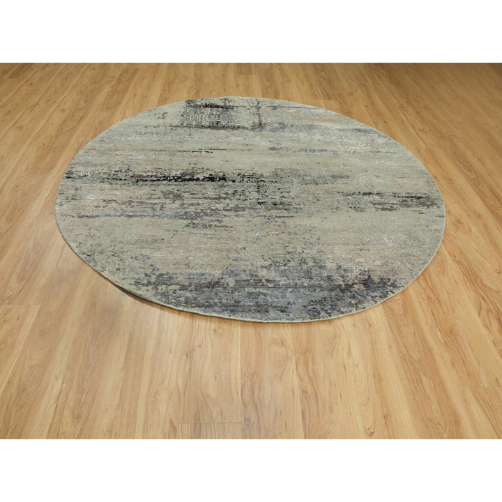 7'0" x 7'0" New Hand Knotted Grey Wool & Silk Round Oriental Rug - MOA10258885