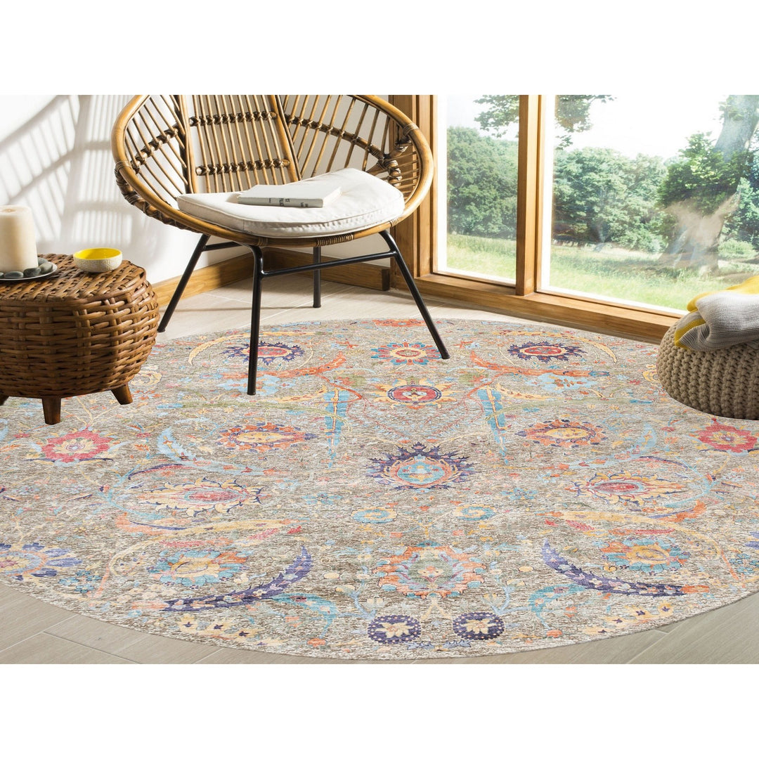 12'0" x 12'0" New Hand Knotted Beige Wool & Silk Round Oriental Rug - MOA10258965