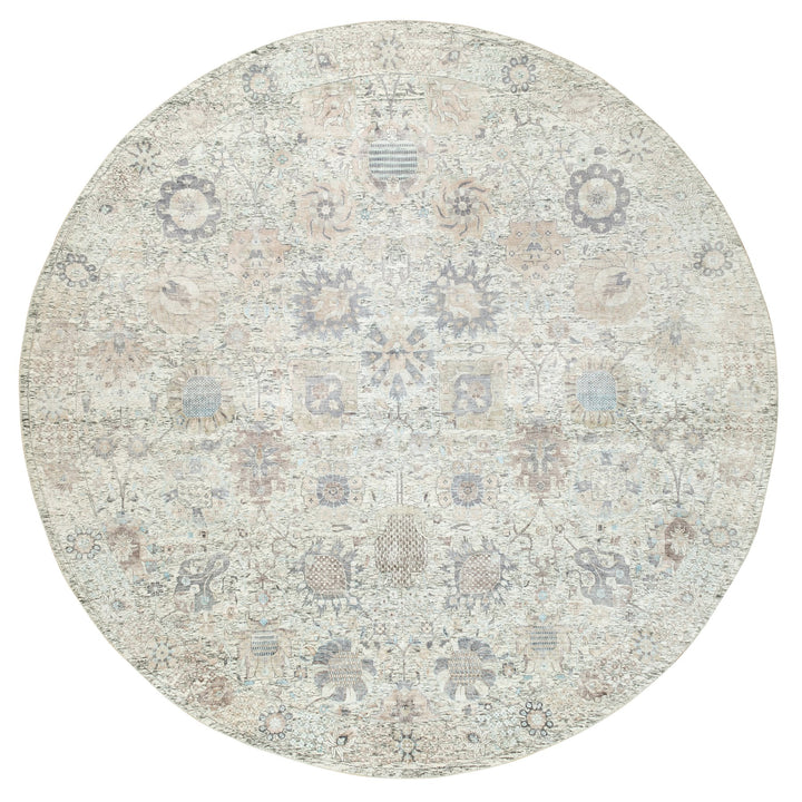 11'10" x 11'10" New Hand Knotted Ivory Wool & Silk Round Oriental Rug - MOA10258979