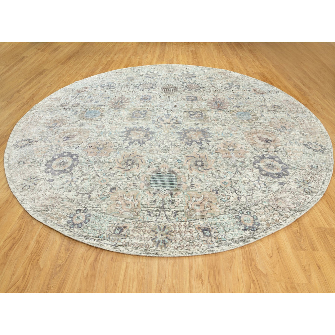 11'10" x 11'10" New Hand Knotted Ivory Wool & Silk Round Oriental Rug - MOA10258979