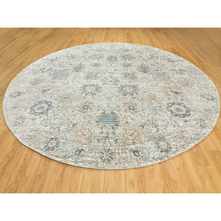 11'10" x 11'10" New Hand Knotted Ivory Wool & Silk Round Oriental Rug - MOA10258979